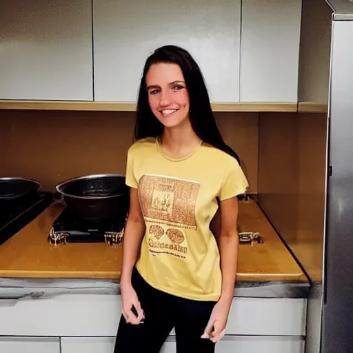 Image similar to an instagram photo of a brunette female, young, athletic, australian, wearing a gold tshirt in a kitchen