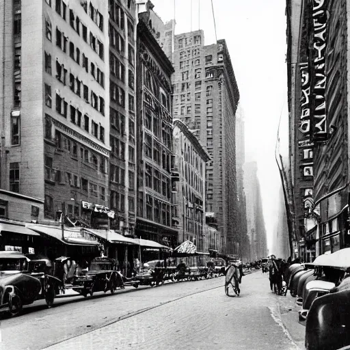 Image similar to new york city street at 1 9 3 0 s. low angle. old photo