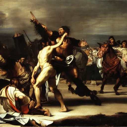 Image similar to painting of the collossus of rhodes, by valentin de boulogne