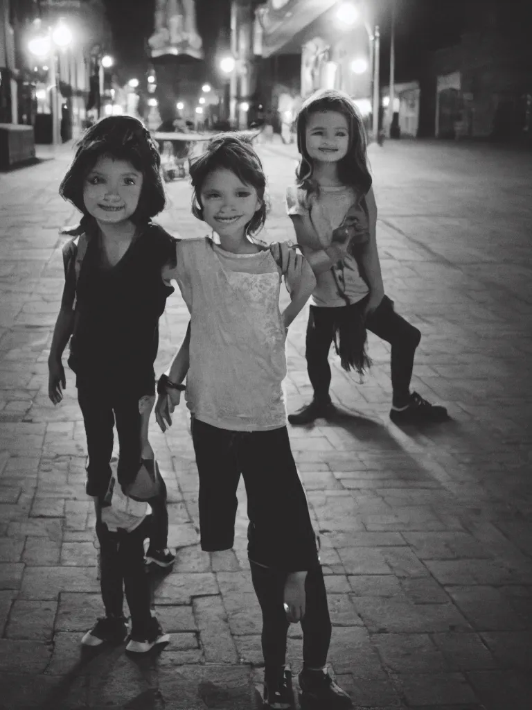 Image similar to two kids posing for a picture at night, backlit, small town, town square, lomography