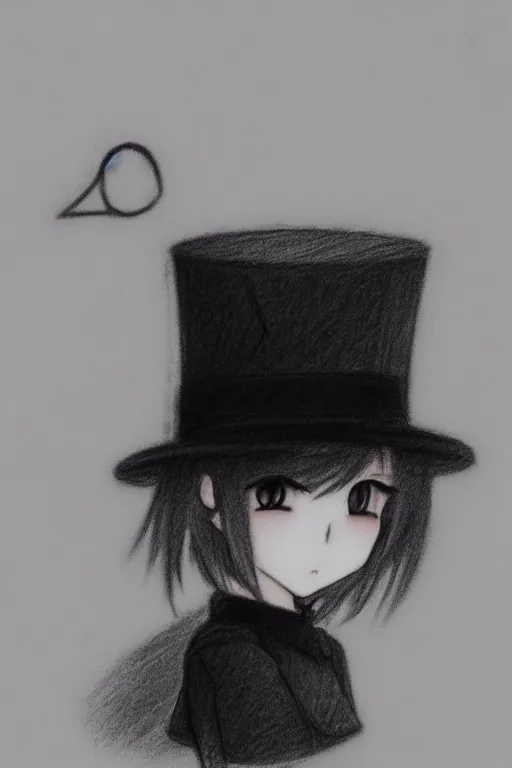 Image similar to cute loli in a tall black top hat, face profile, pencil sketch, gray scale, mysterious, anime style