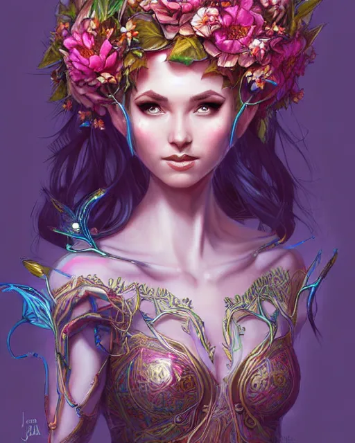 Image similar to digital art, centered full body elven bride with short hair, vivid flower crown ,intricate, veins, by James Jean and by artgerm, by ross tran , ultradetailed, charachter design, concept art, trending on artstation,