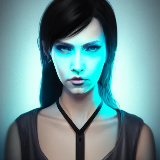 Image similar to headshot portrait of cyberpunk woman wearing thick steel choker around neck, 4K, detailed face, collar on neck, realistic, artstation, cyberpunk style, neon,