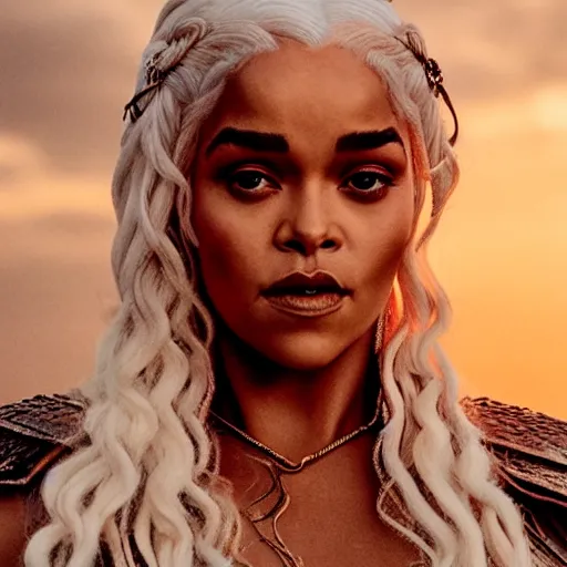 Image similar to rhianna as daenerys targaryen, golden hour, cinematic