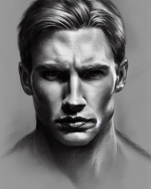 Image similar to portrait of steve rogers, realistic face, black and white drawing, in the style of greg rutkowski, fantasy, amazing detail, epic, intricate, elegant, smooth, sharp focus