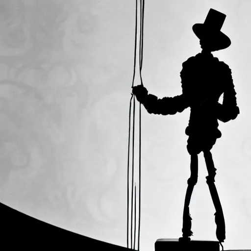 Image similar to siluette of a puppeteer using a string marionette of a president with clown makeup in a podium