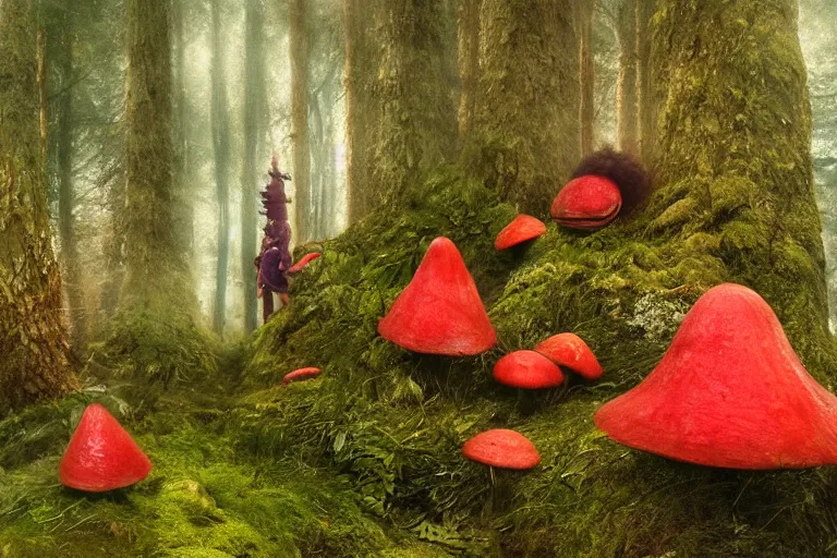 Prompt: huge troll in a swedish forest, very low angle photograph, red mushrooms, very detailed, trending on artstation, realistic, soft colors, illustration by john bauer, simon stålenhag
