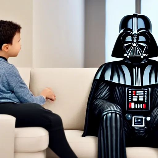 Image similar to Darth Vader going to therapy, sitting on the couch with the therapist taking notes