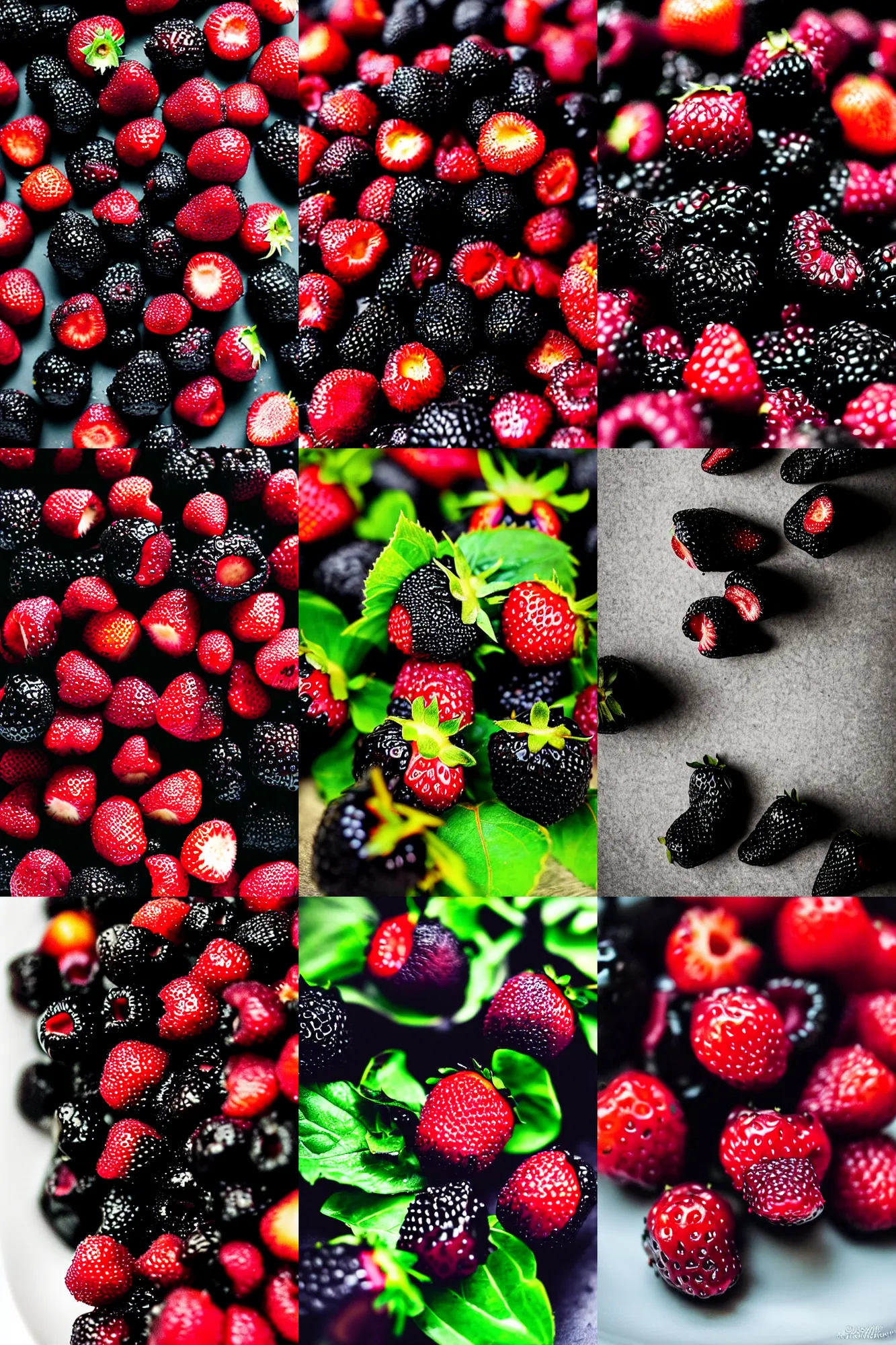 Prompt: black strawberries, black!!, food photography, bokeh, f 2. 8, high quality