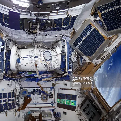 Image similar to A beautiful photograph of a spacecraft or space station in Earth's orbit. The space station has a large, central cylindrical section with several smaller attached modules. There are numerous antennae, dishes, and other communications equipment on the station, as well as a few large windows. There appear to be several people inside the station, working at various consoles and terminals. embroidery by Ralph McQuarrie, by Pete Turner sad