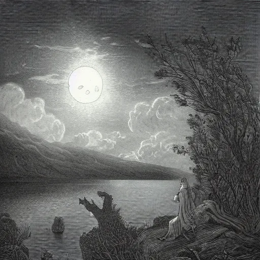 Image similar to wanderer at a lake, forest, dark clouds, moon, nightsky, moonrays, shadows, high detail, gorgeous view, depth, illustration by Gustav Doré