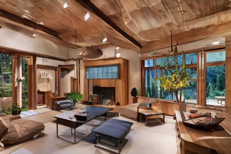 Prompt: modern Japanese living room, high ceiling, luxurious wooden cottage, traditional, Japanese flower arrangements, high-tech devices, traditional fireplace, real estate photography