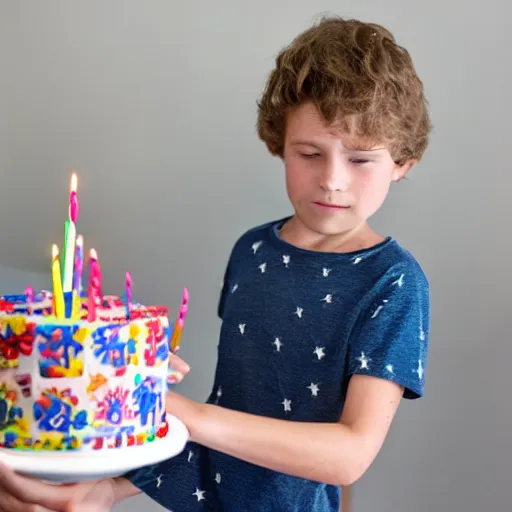 Prompt: a 7 year old blowing out the candles on his birthday cake