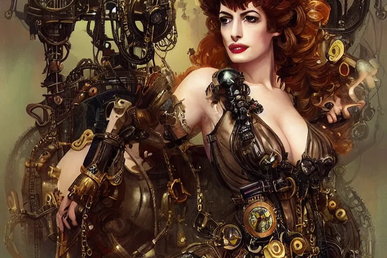 Prompt: three-quarters pose portrait of Anne Hathaway as a beautiful Lady Mechanika, very beautiful young woman, ginger wavy hair, Victorian-era push-up underwire. Intricate, steampunk imagery themed, D&D!, fantasy style, sharp focus!, ultra detailed, art by Artgerm and Peter Andrew Jones