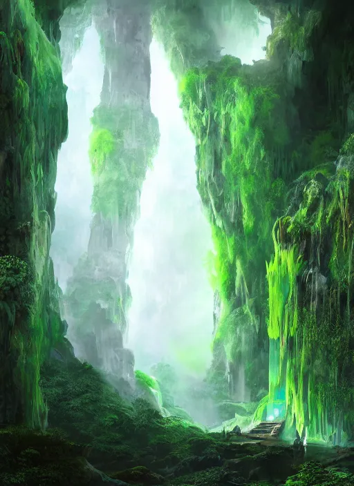 Prompt: concept art, an explorer lookup up at a giant arched doorway made of green gel, deep underground waterfalls, beautiful matte painting, ultra detailed, 8 k render