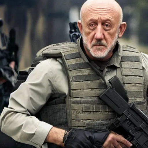 Image similar to Film Still of Mike Ehrmantraut carrying a sniper rifle and wearing a bulletproof vest, 4k, highly detailed