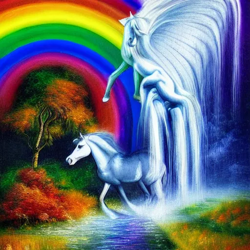 Image similar to white horse with long flowing rainbow mane standing on top of a hill with a waterfall detailed magical realism painting in the style of jacqueline wall