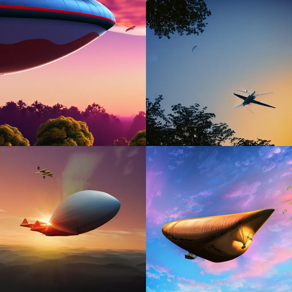Prompt: an airship skimming the tree tops at dawn, 4k, bright colors, dark linework