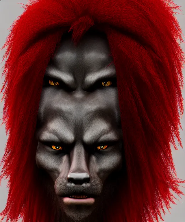 Image similar to award winning portrait of a anthropomorphic black male wolf long red hair. artstation, artistic lighting, highly detailed, photorealistic, fantasy