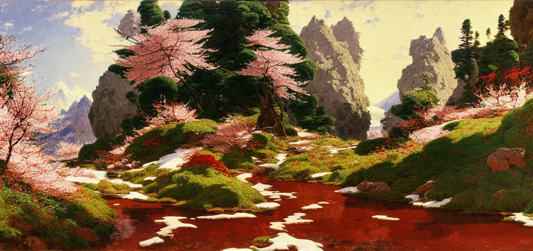 Prompt: ghibli illustrated background of a trail leading through a strikingly beautiful snowy landform with strange rock formations and red water, and cherry blossoms by vasily polenov, eugene von guerard, ivan shishkin, albert edelfelt, john singer sargent, albert bierstadt 4 k