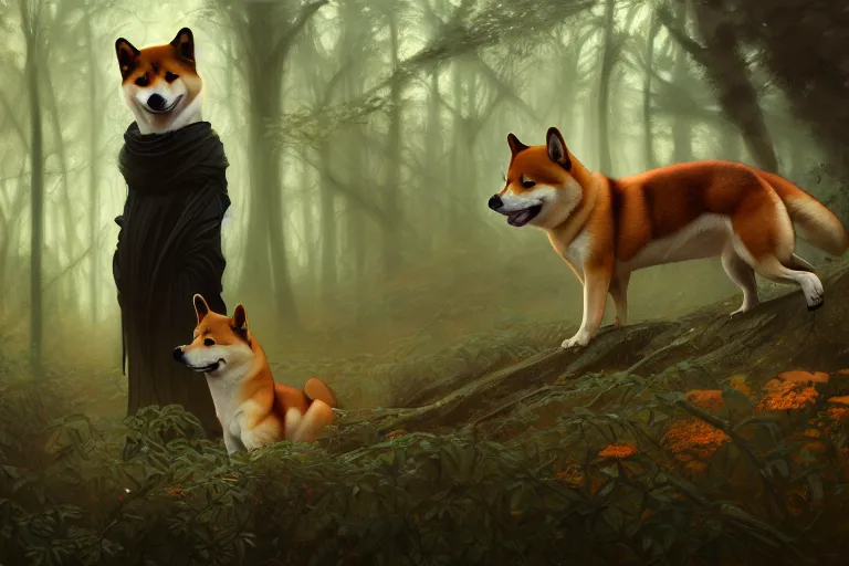 Prompt: Painting of a shiba inu in forest, dark fantasy, intricate, elegant, highly detailed, digital painting, artstation, concept photoset, smooth, sharp focus, photo, art by and greg rutkowski and alphonse mucha