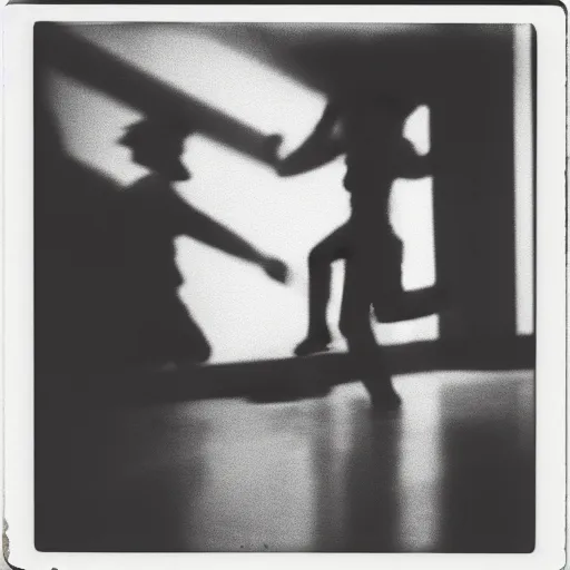 Prompt: There are two young male shadowy figures on a stage, motion blur, polaroid picture, black-and-white, 35mm