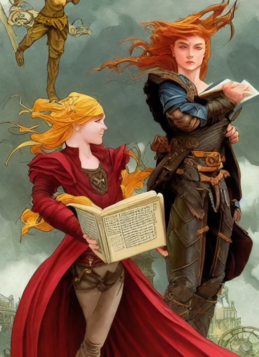 Image similar to an epic fantasy comic book style painting of a young red headed girl with a book in one arm meeting a young boy thief with blonde wearing plain brown leather thief clothes, d & d, fantasy, intricate, elegant, highly detailed, digital painting, artstation, concept art, matte, sharp focus, illustration, art by artgerm and greg rutkowski and alphonse mucha