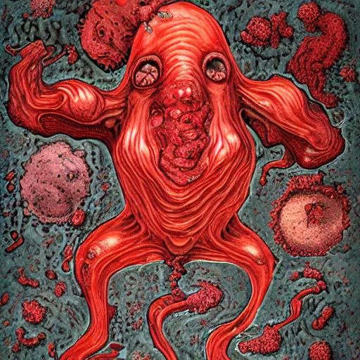 Image similar to infinite measles on a deformed hideous pustule covered caustic slime blob, sores, bumps, skin wounds, surface hives, growths, horror of deepest subconscious, fantasy slime eldritch scenery, highly detailed crimson aura