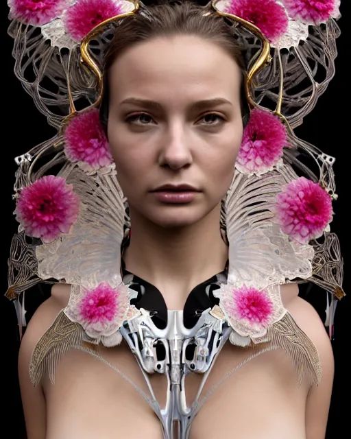 Prompt: uhd 3 d render, stunningly beautiful young teen angelic alluring biomechanical female cyborg with an obsidian profile face, rim light, big floral petals and stems, roots, fine foliage, lace, alexander mcqueen, art nouveau fashion embroidered collar, dieselpunk, gold filigree details, hexagonal mesh wire, ifs reflection, elegant, artstation trending