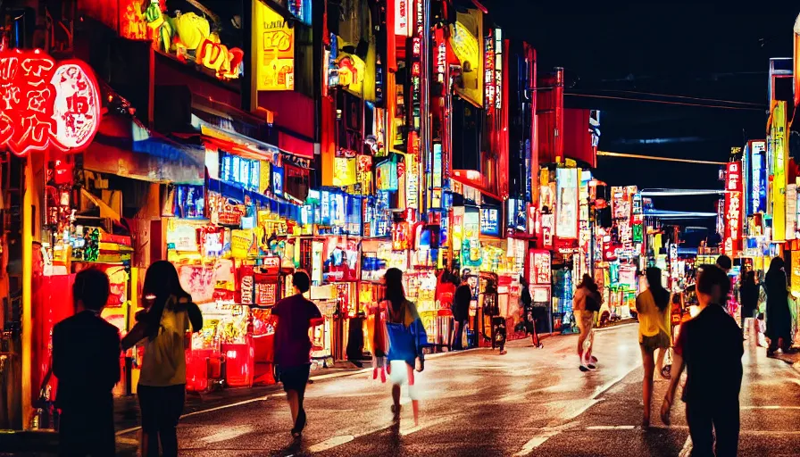 Prompt: street scene outside a japanese fireworks shop with people drinking and being happy, artistic shot, dynamic lighting, night time, neon lights
