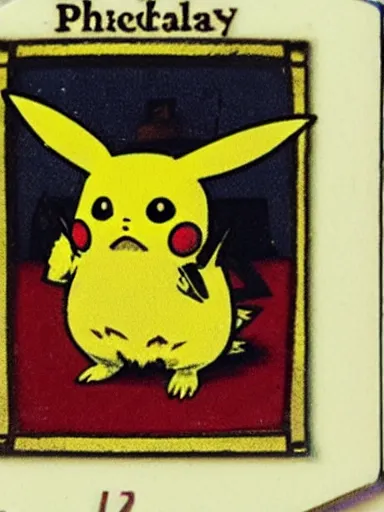 Image similar to creepy pikachu Pokémon card from the 1700s