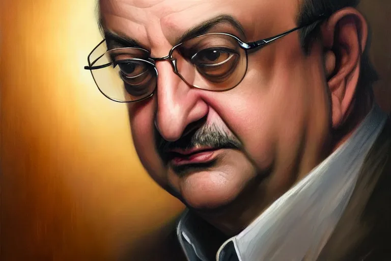 Image similar to poster portrait of salman rushdie. oil painting elegant, highly detailed, centered, digital painting, artstation, bollywood, india, concept art, smooth, sharp focus, illustration, artgerm, tomasz alen kopera, peter mohrbacher, donato giancola, joseph christian leyendecker drew struzan