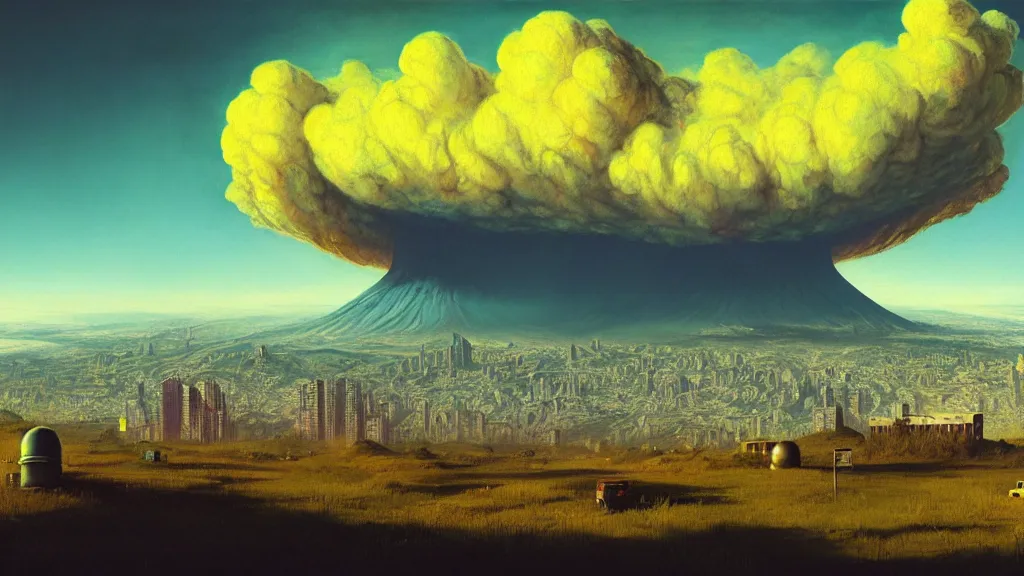 Image similar to Nuclear Fallout towering over the town of Quito by Simon Stålenhag and J.M.W. Turner, oil on canvas; Art Direction by Adam Adamowicz; 4K, 8K Ultra-Realistic Depth Shading
