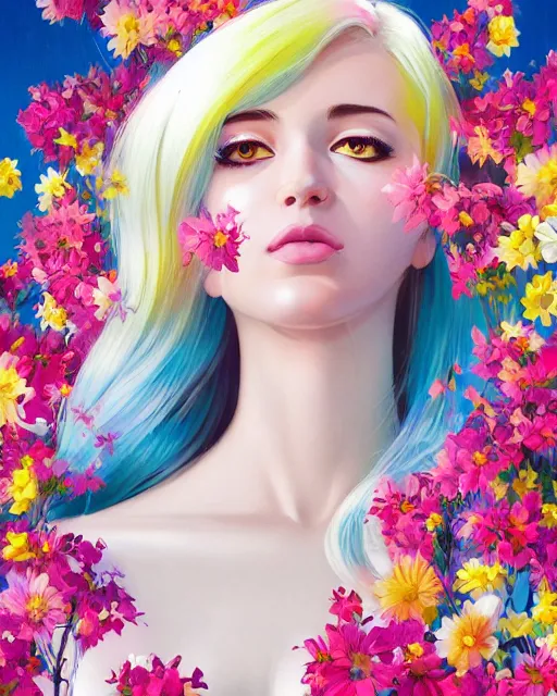 Image similar to half - electricity woman, white and multicolored hair, surrounded by flowers, cosmic background, with cute - fine - face, pretty face, realistic shaded perfect face, fine details by realistic shaded lighting poster by ilya kuvshinov katsuhiro otomo, magali villeneuve, artgerm, jeremy lipkin and michael garmash and rob rey