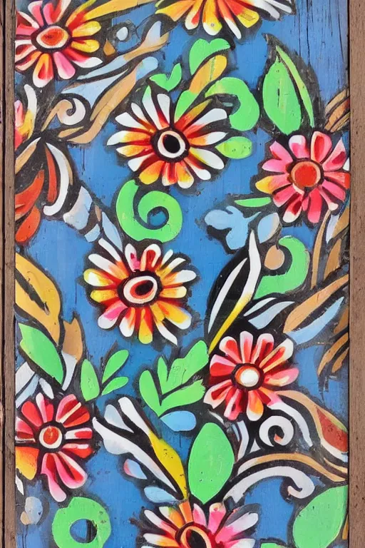 Prompt: beautiful colorful slavic floral pattern painted in acrylic on reclaimed wood