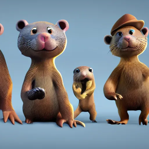 Image similar to character set, concept art, otters playing, 3 d render, pixar, dreamworks,