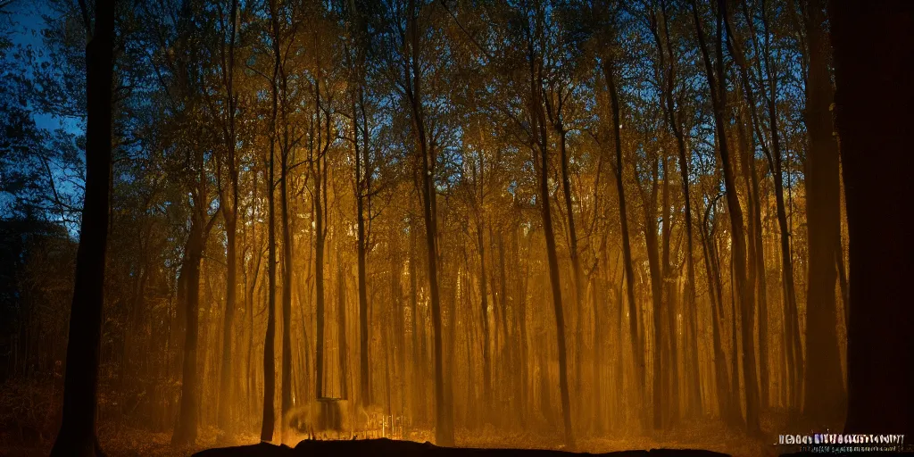 Prompt: silhouetted pipe organ in the woods, volumetric lighting, Portra 160, night time, ominous