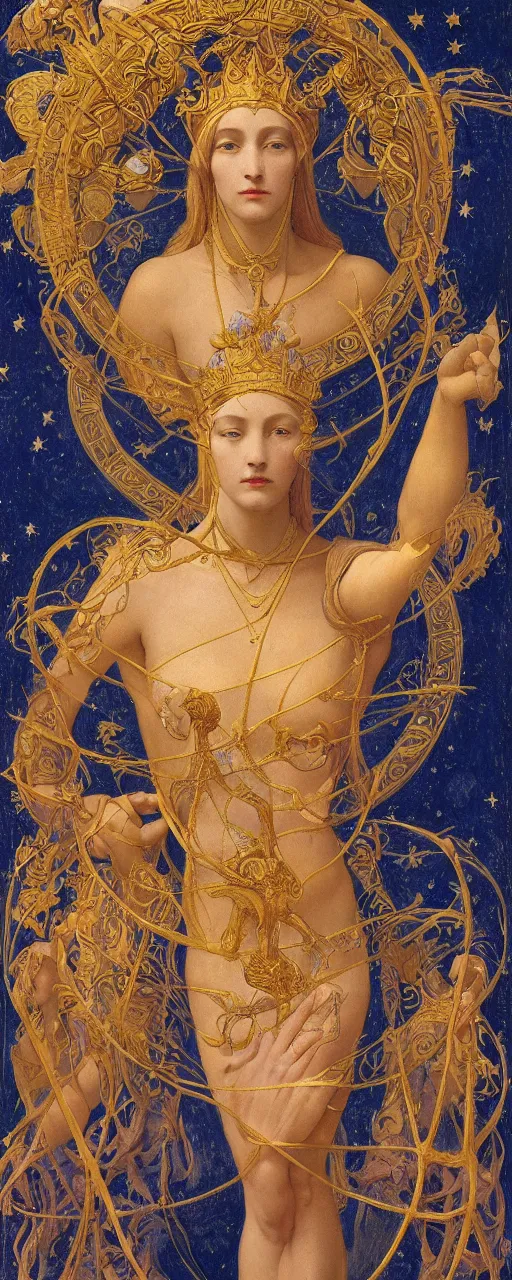 Image similar to saint woman, venus, athena, queen, by annie swynnerton and nicholas roerich and jean delville, strong dramatic cinematic lighting, ornate headdress, flowing robes, spines, flowers, stars, lost civilizations, smooth, sharp focus, extremely detailed, marble, obsidian, gold, space