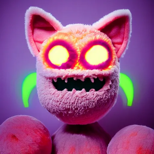 Image similar to an alien with a face that looks like a fuzzy peach the peach is fuzzy pink warm and ripe the alien has horns and a mean smile, 4k, highly detailed, high quality, amazing, high particle effects, glowing, majestic, soft lighting