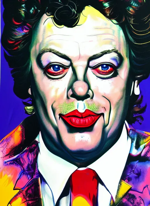 Prompt: a portrait of tim curry by josh kirby, lisa frank and andy warhol, intricate, elegant, highly detailed, digital painting, artstation, concept art, matte, sharp focus, illustration