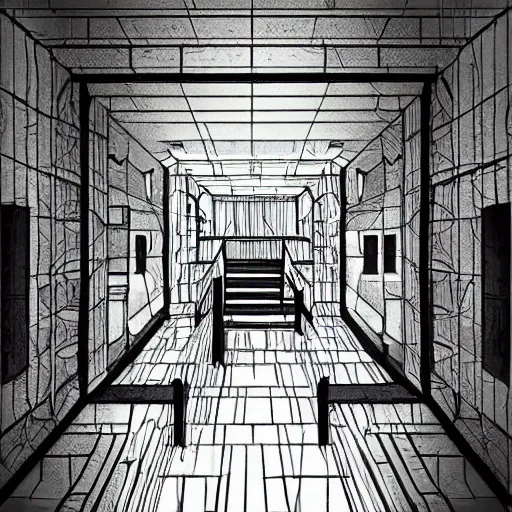 Image similar to “the inside of a huge white building with with many doors and stairs, confusing, clean geometric shapes, creepy, doors, strange dimensions, anime style, detailed background, horror anime”