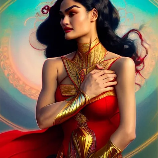 Image similar to pia wurtzbach as darna, volumetric lights, red and cyan theme, art nouveau botanicals, intricate, highly detailed, digital painting, artstation, concept art, smooth, sharp focus, cinematic, illustration, beautiful face, art by artgerm and greg rutkowski and alphonse mucha