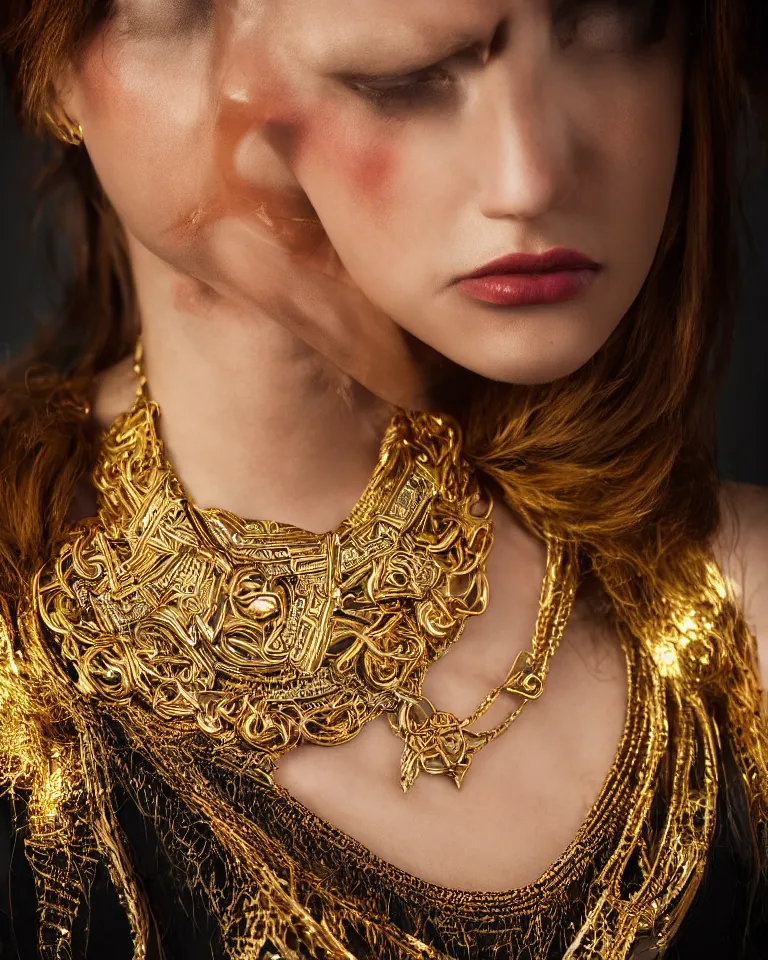 Prompt: realistic portraitof a beautiful model with a symmetric big neo tribal design, necklace, minimal, made of gold in the neck, canon, photography, digital art