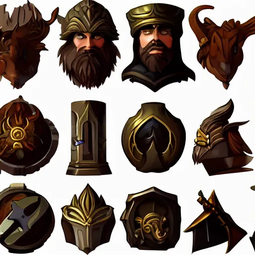 Prompt: a set of fantasy icons, quest, shop, inventory, crafting, vector, fantasy, detailed, ornate, very high quality, digital art