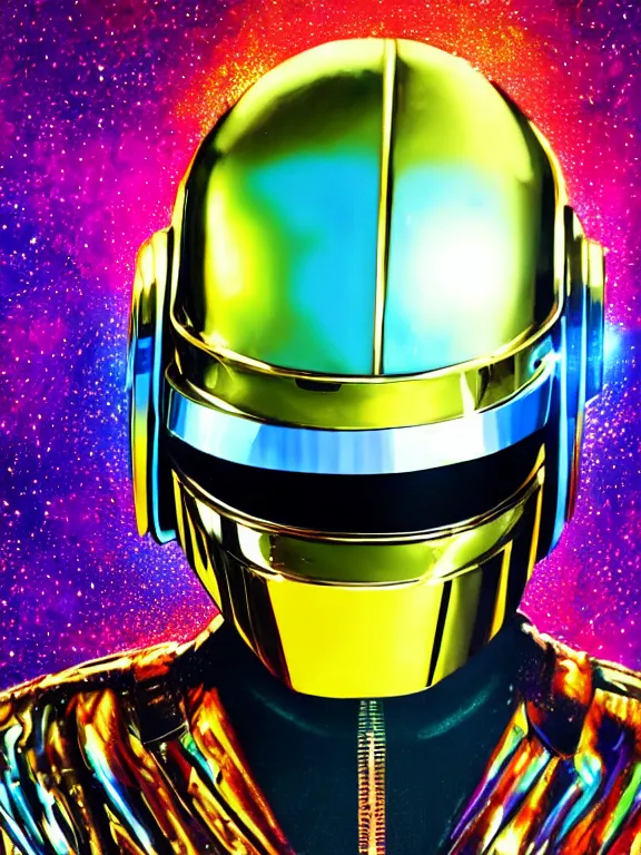 Prompt: a symmetrical portrait of daft punk helmet synthwave retro future robot mohawk warrior, psychedelic experience, colorful, surreal, dramatic lighting, cosmonaut, LSD, face, detailed, intricate, elegant, highly detailed, digital painting, artstation, concept art, smooth, sharp focus, illustration