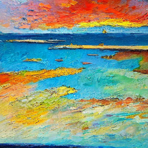 Prompt: rottnest island, modern, impressionist, highly textured landscape, palette knife, layered, sculptured, dynamic, oil on canvas