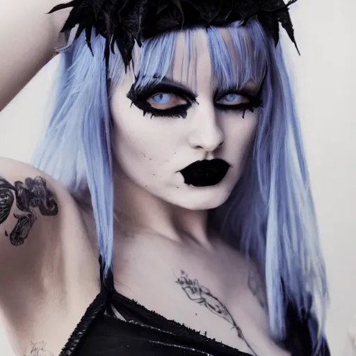Prompt: Goth lady portrait in swimsuit, silver hair, messy hair, blue eyes