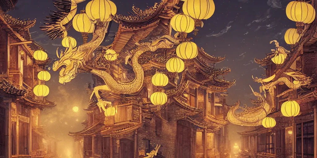 Image similar to Chinese white dragon flies at us over an ancient Chinese street at night in the moonlight, the street is lit with Chinese lanterns, illustration, artstation