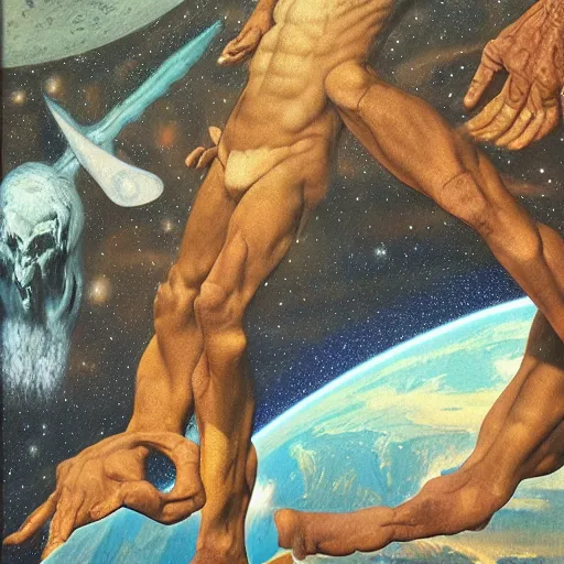 Image similar to the creation of the human race from the material in the stars. cosmos, detailed oil painting by vincent di fate michelangelo and alan lee