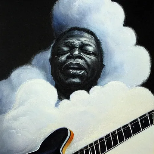 Image similar to b. b king, sitting in a fluffy cloud, playing an electric semi - hollow guitar. beautiful realistic painting, dramatic, moody